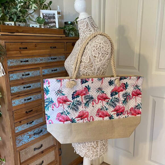 Flamingo and Palm Leaves Rhinestone Tote Bag - XXL - NWT - Picture 10 of 10